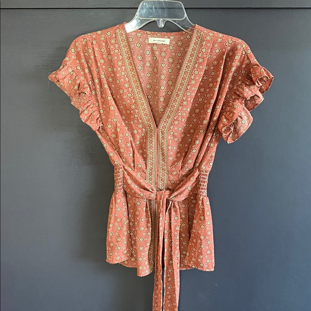 Max Studio Rust Floral Ruffle Blouse